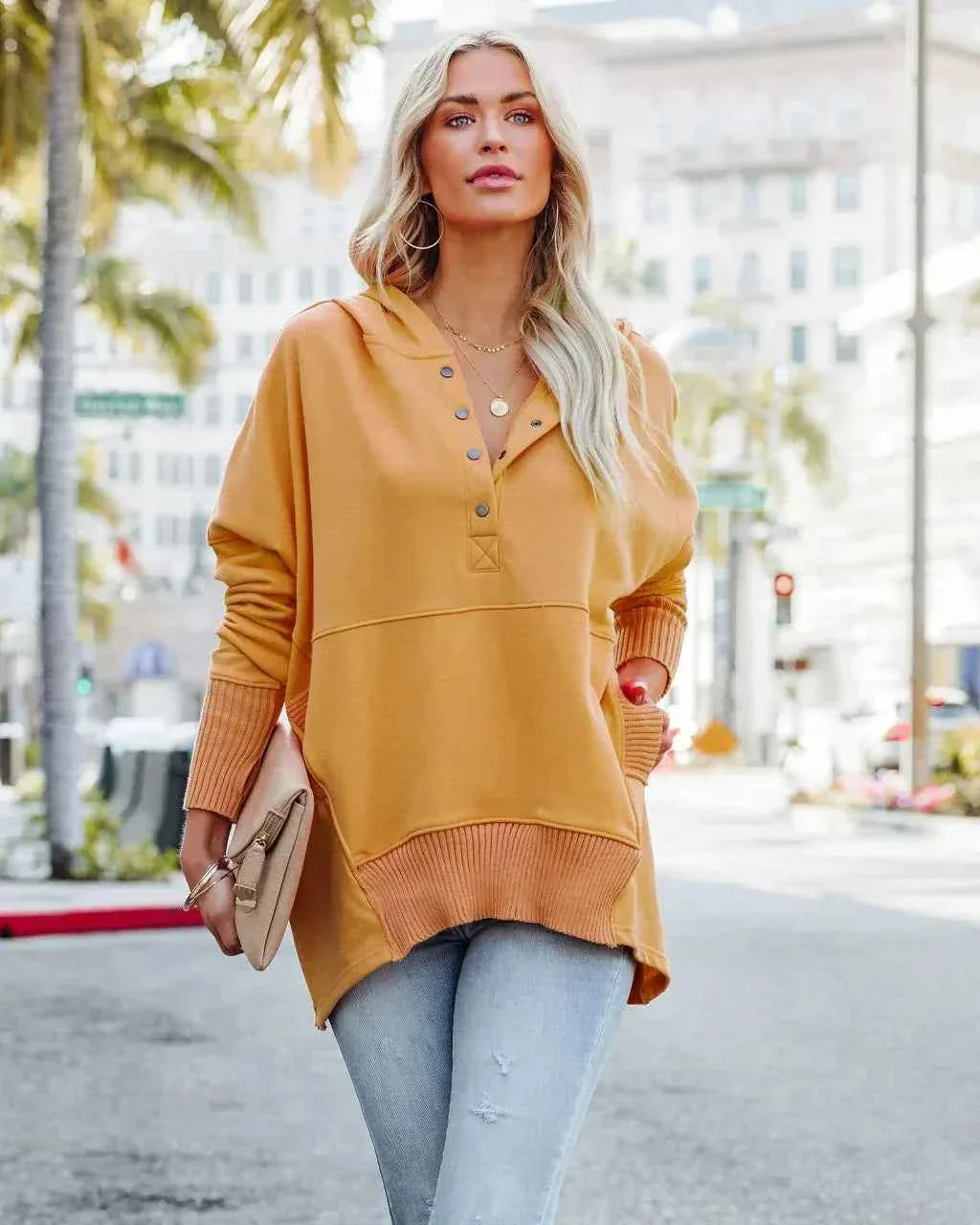 White Hooded Women's Sweatshirt - Casual Batwing Sleeve Pullover