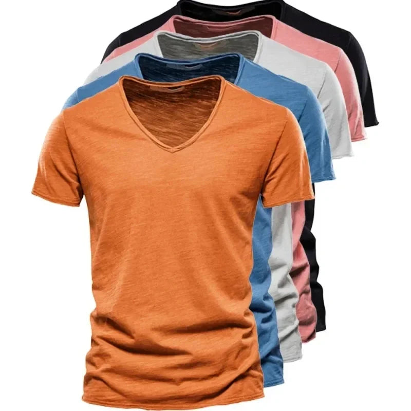 100% Cotton Men T Shirt Tops V Neck Thin Short Sleeve Tees Men Size S-5XL