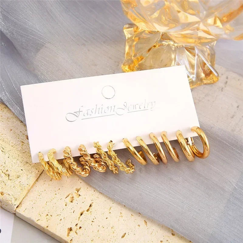 LETAPI Vintage Gold Color Circle Earrings for Women Girls Geometric Twist Dangle Earring Set New Fashion Jewelry Party Gifts