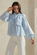 Sky Blue Bow-Tie Neck Cotton Blouse