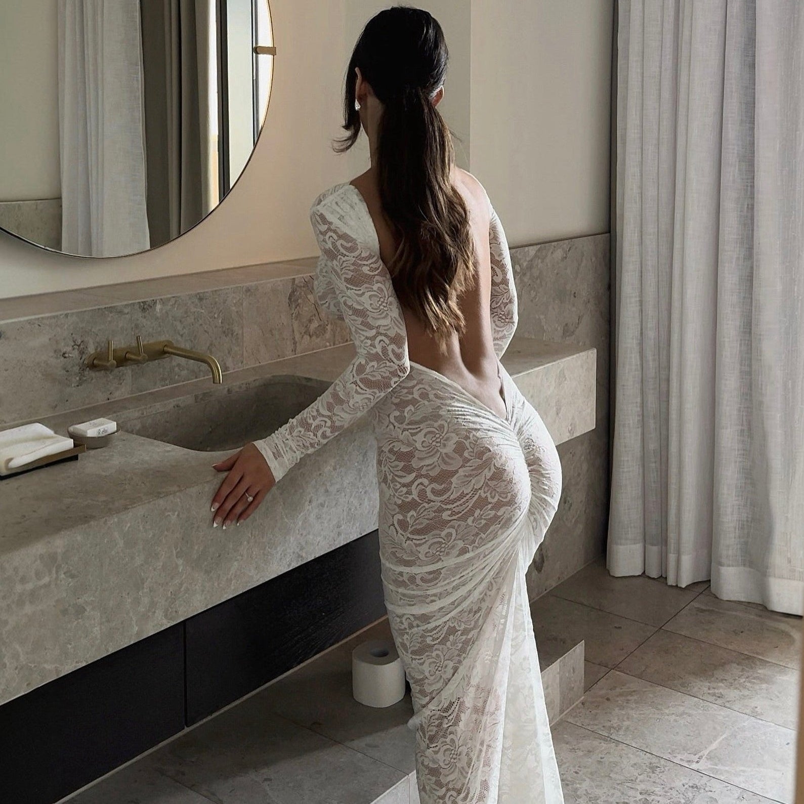 Stella Lace Backless Sculpting Ruched White Maxi Dress