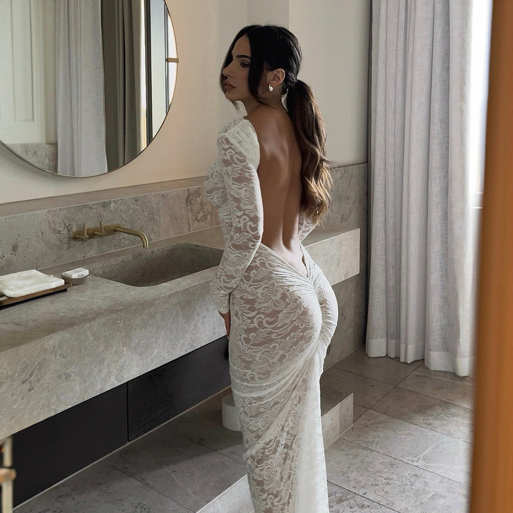Stella Lace Backless Sculpting Ruched White Maxi Dress