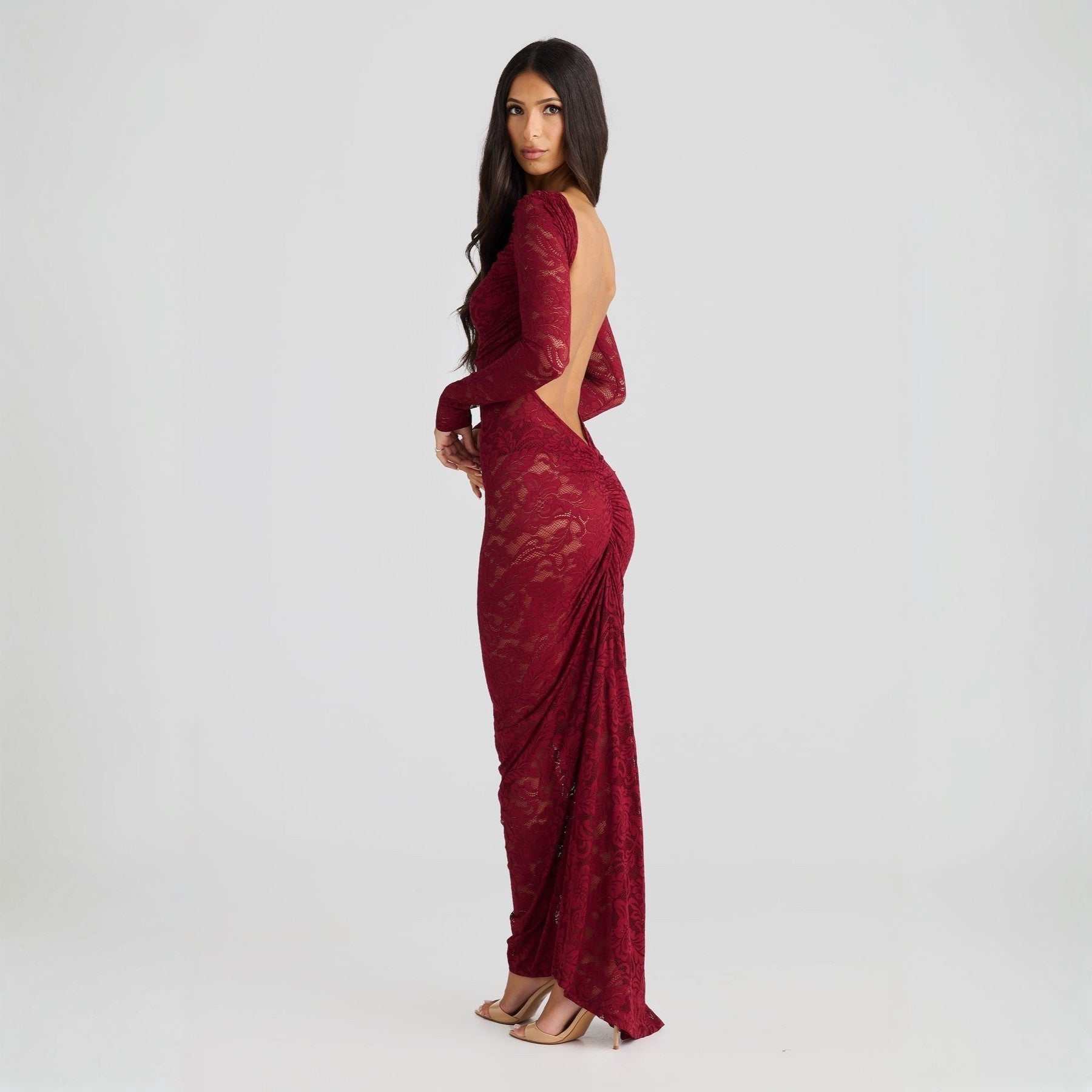 Stella Lace Backless Sculpting Ruched Burgundy Maxi Dress