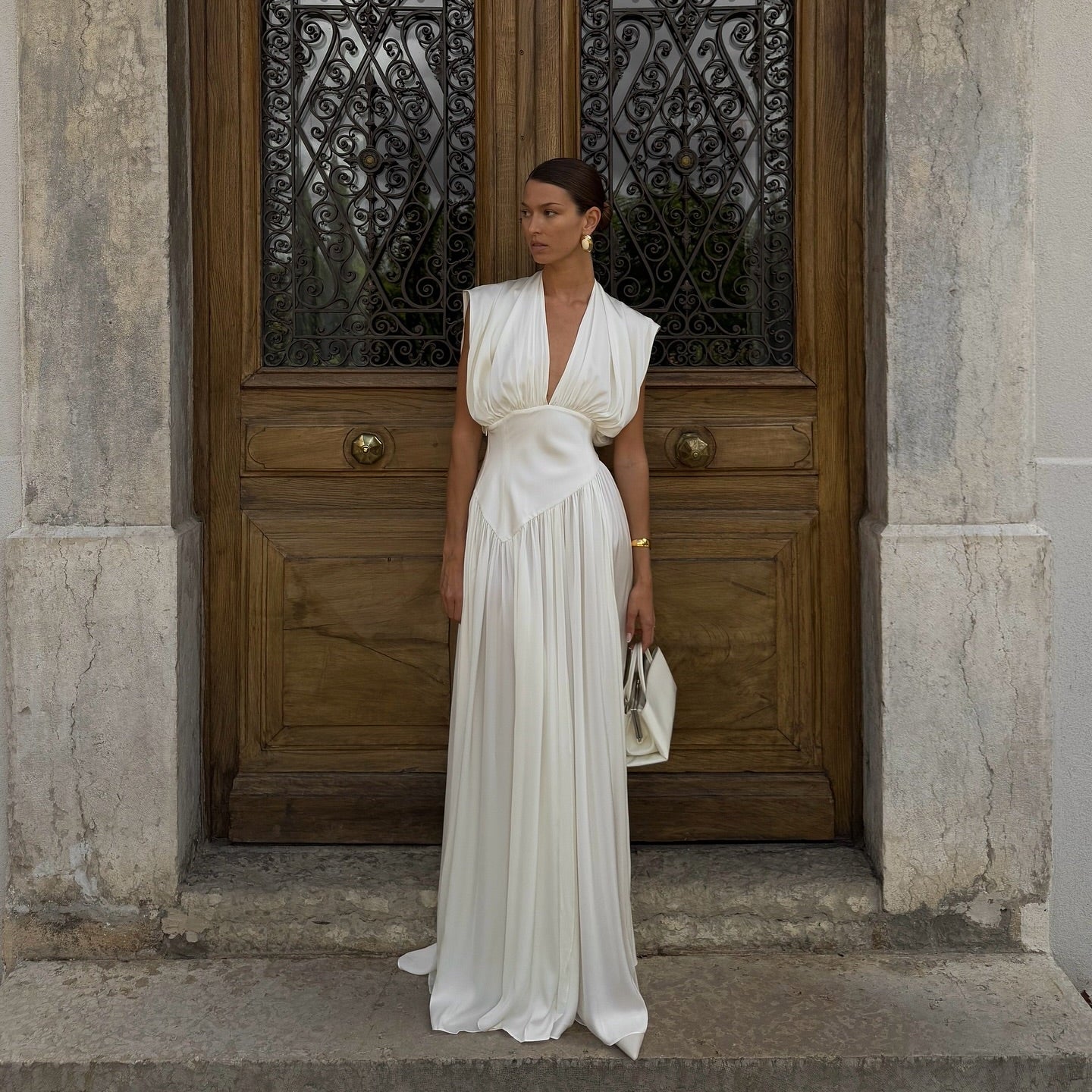 Stolen Glance White Draped Satin Maxi Dress