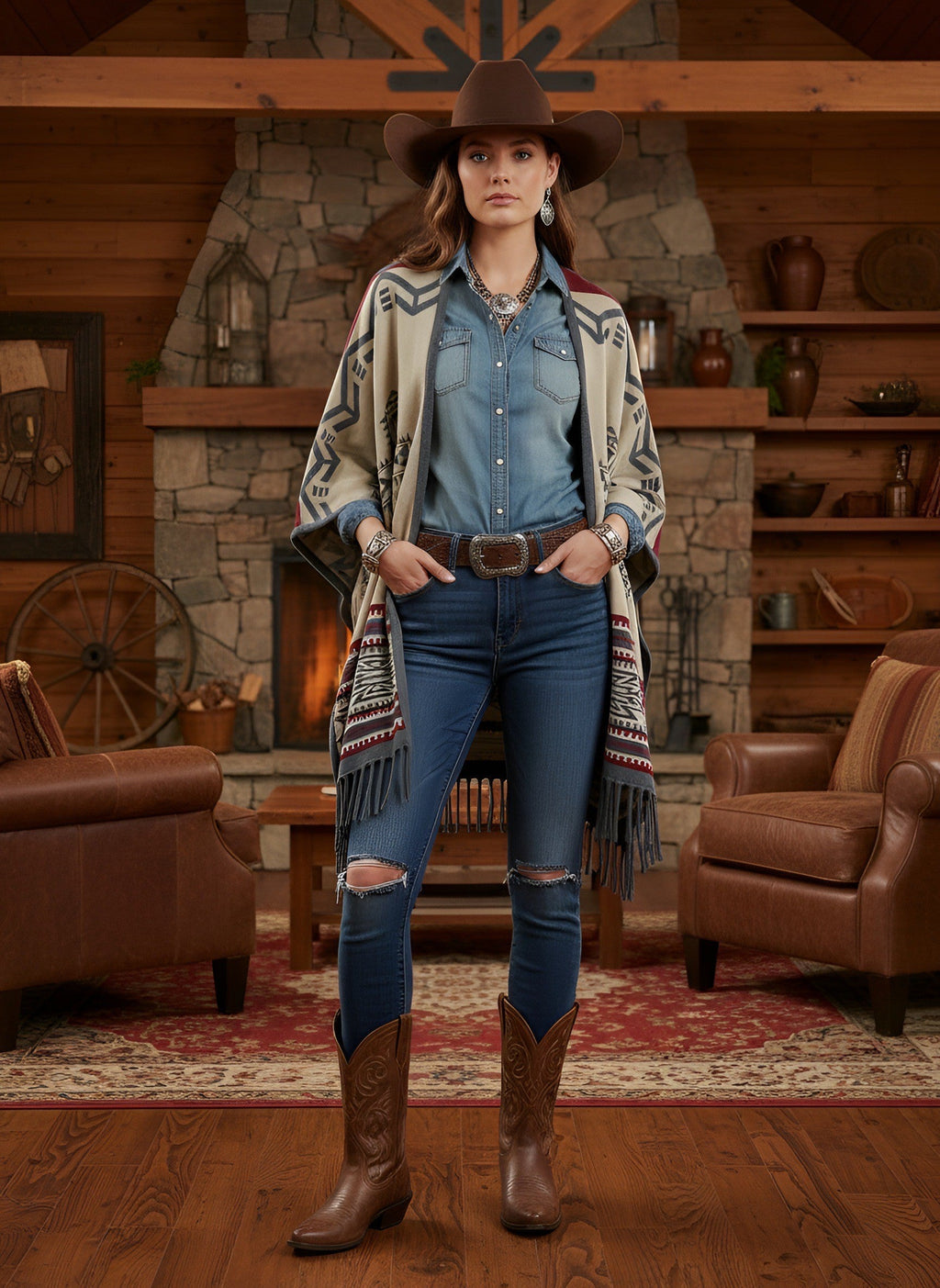 Southwest Reversible Shawl Wrap -Blue Jean