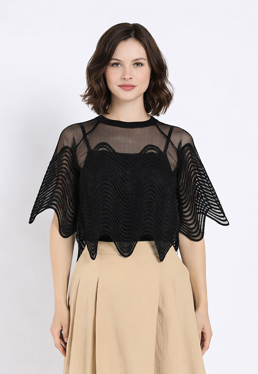 Sheer Crew Neck Mesh Crop Top with Side Zipper
