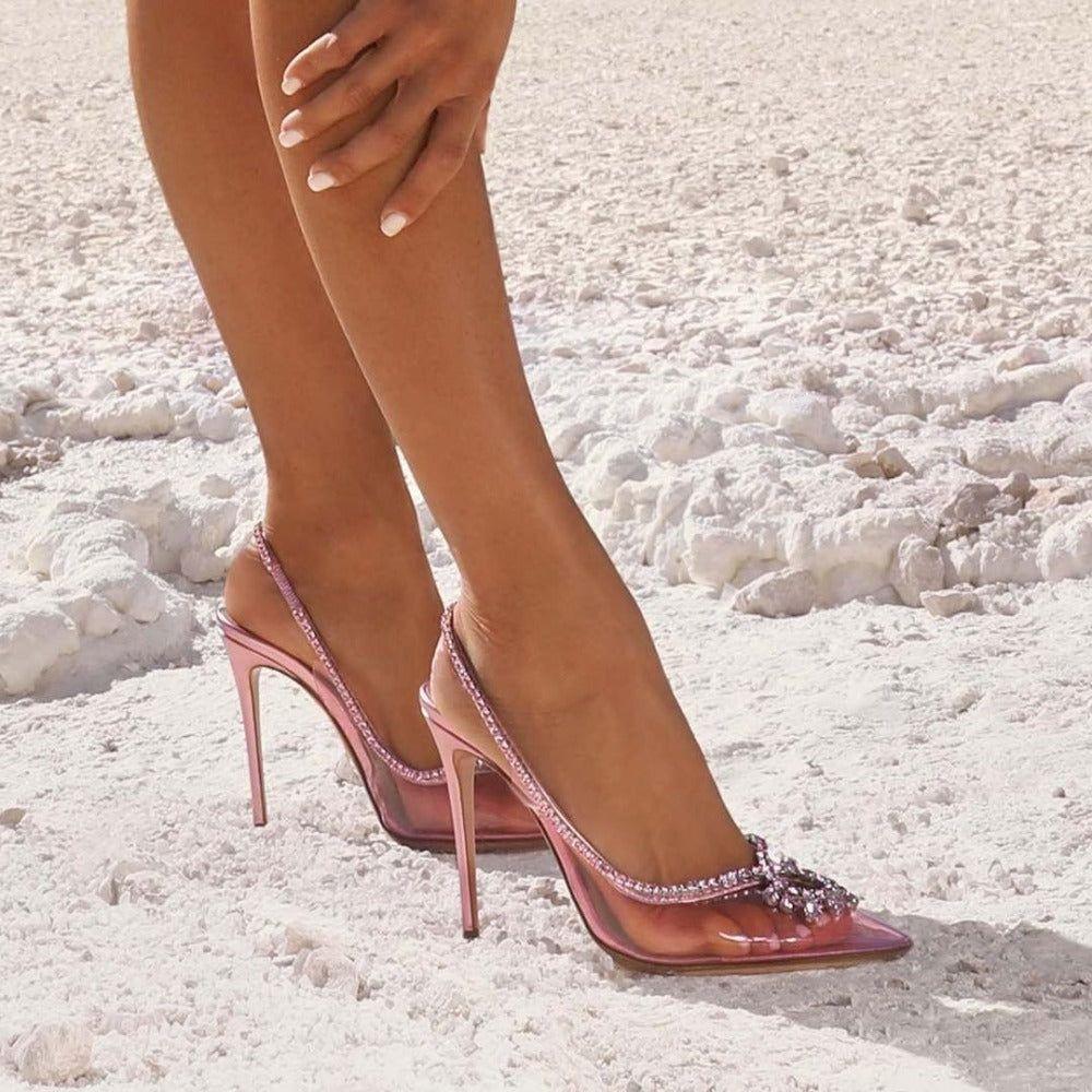 The Vogue Shiny Crystal Pointed Toe Pink Heels