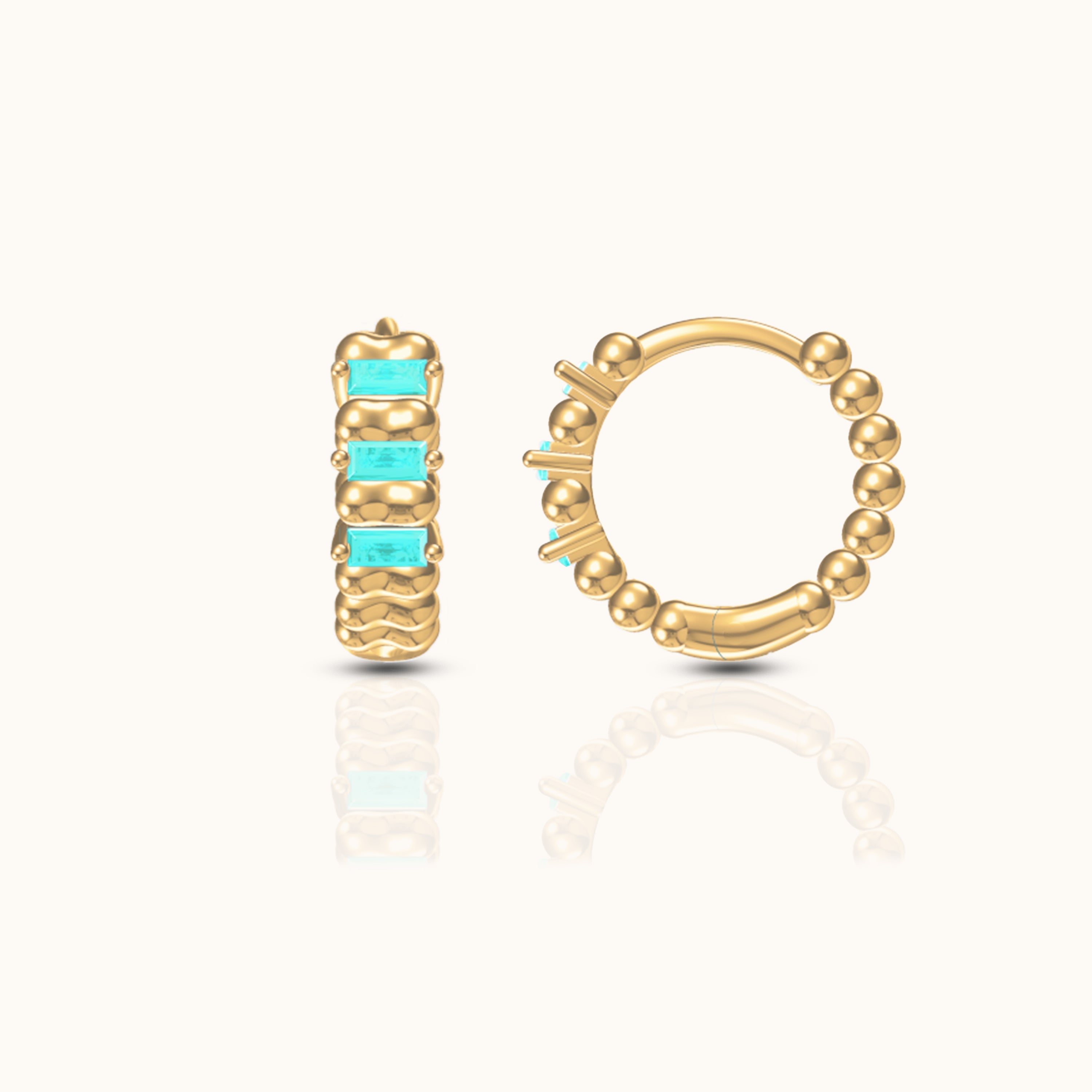Turquoise Beaded Croissant Ribbed Retro Huggie Hoop Earrings