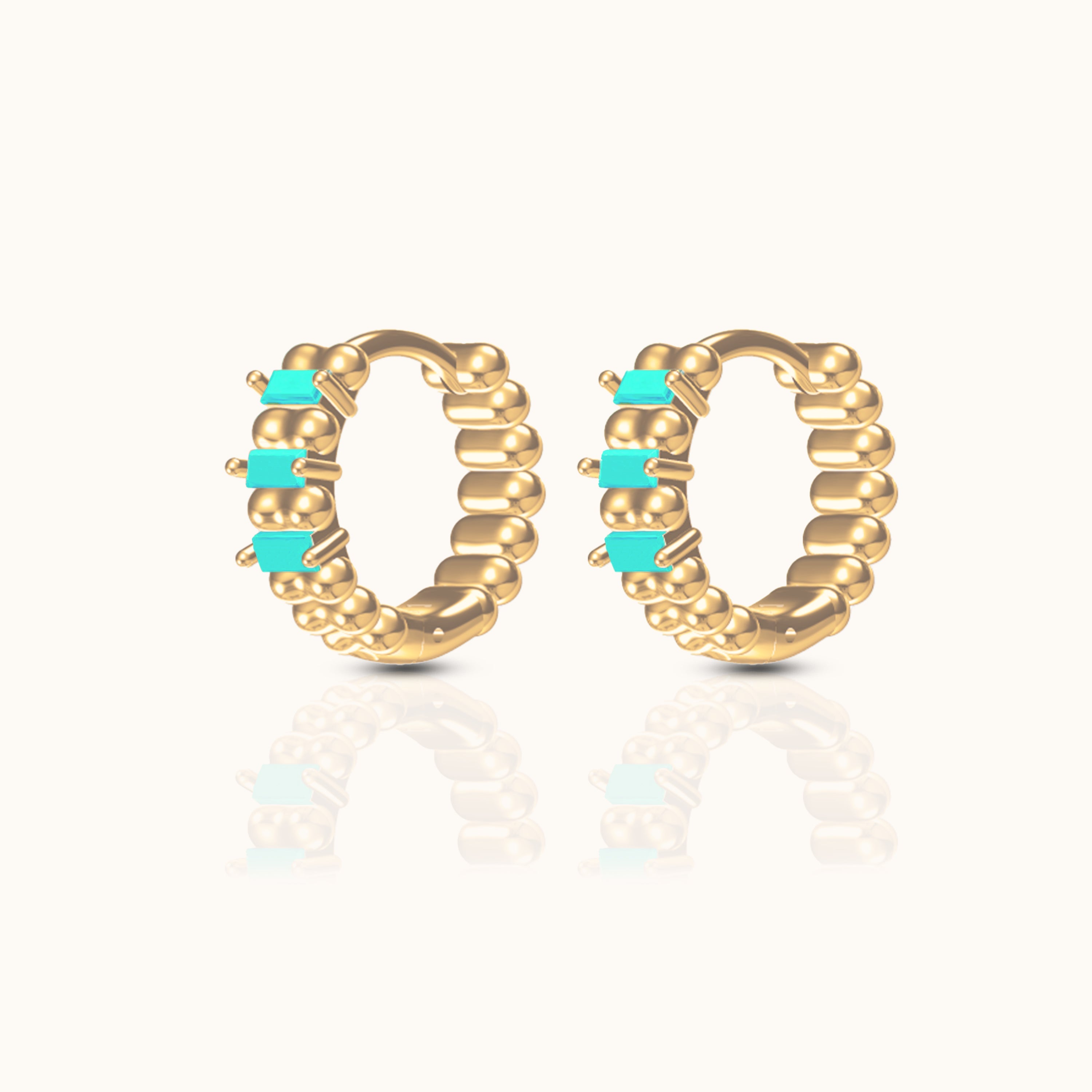 Turquoise Beaded Croissant Ribbed Retro Huggie Hoop Earrings
