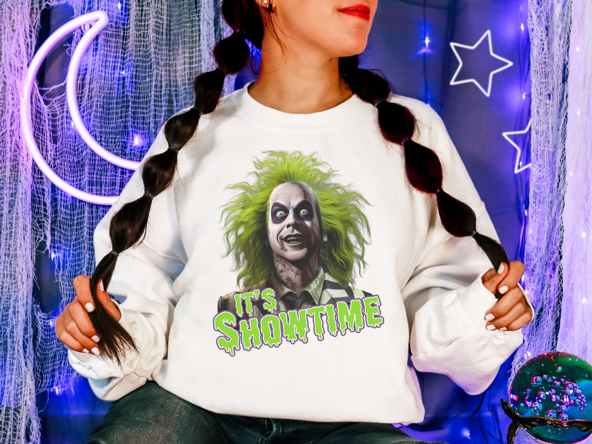 Spook-tacular Beetlejuice Graphic Sweatshirt Perfect for Halloween & Beyond