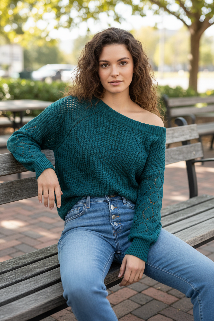 Blue Hollow-out Puffy Sleeve Knit Sweater