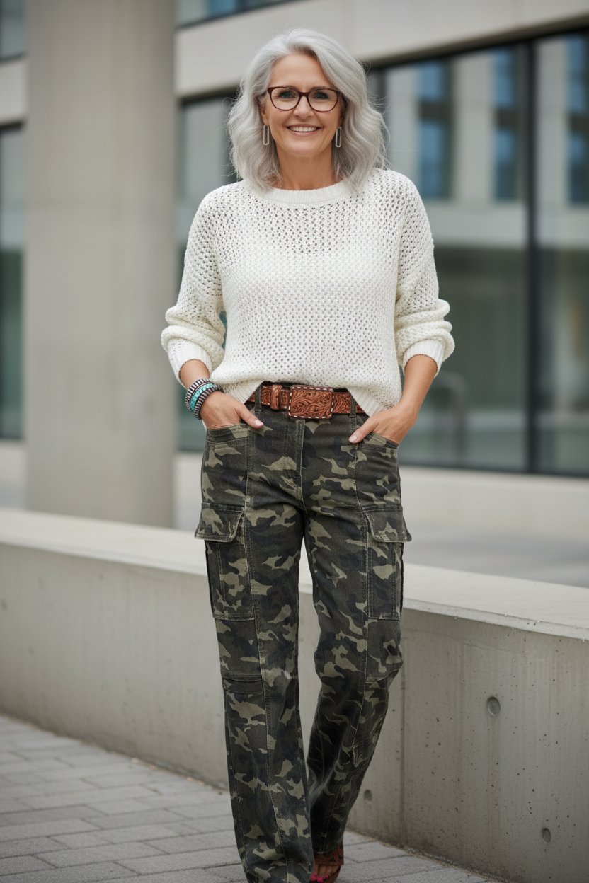 Green Camouflage Print Multi Pocketed Womens Denim Pants