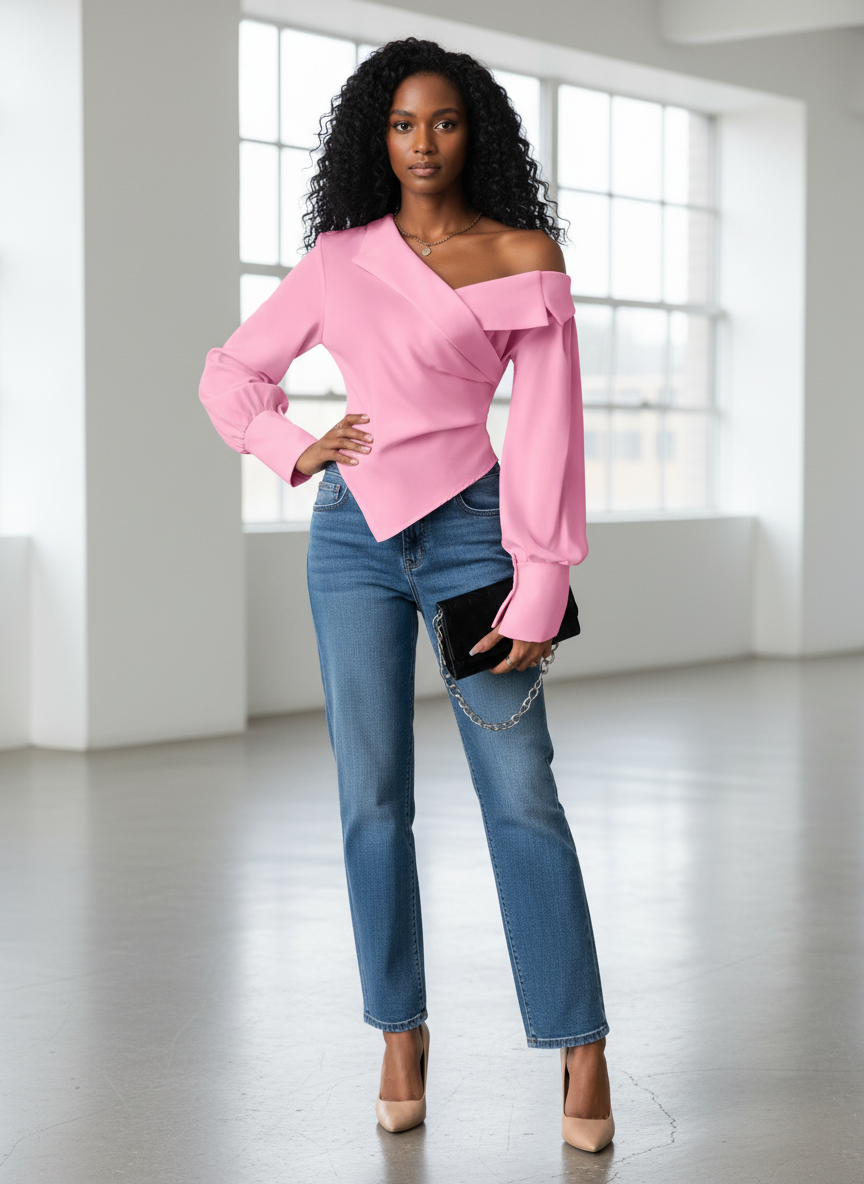 Pink Off Shoulder Cross Front Women's Blouse