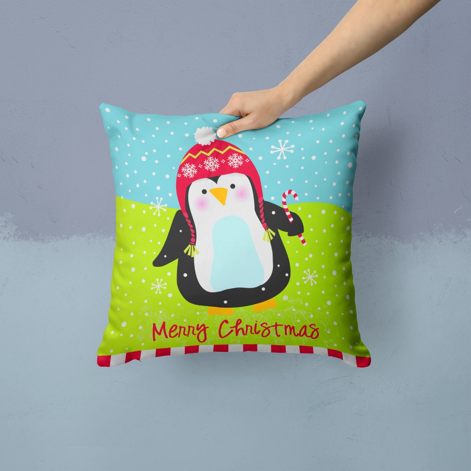 Merry Christmas Happy Penguin Throw Pillow - 14x14 Decorative Pillow – Art for Your Home & Patio VHA3015PW1414
