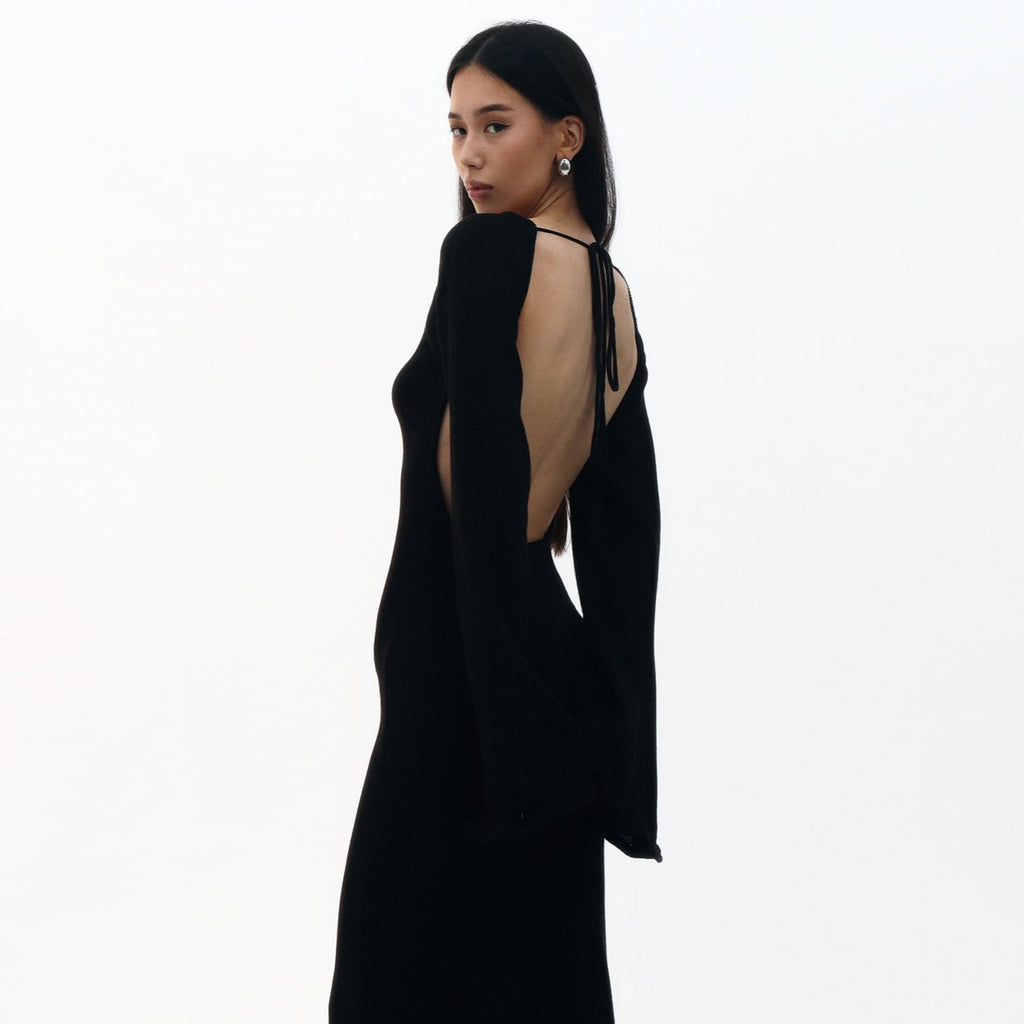 Vanilla Kiss Black Cloud-Knit Open Back Maxi Dress