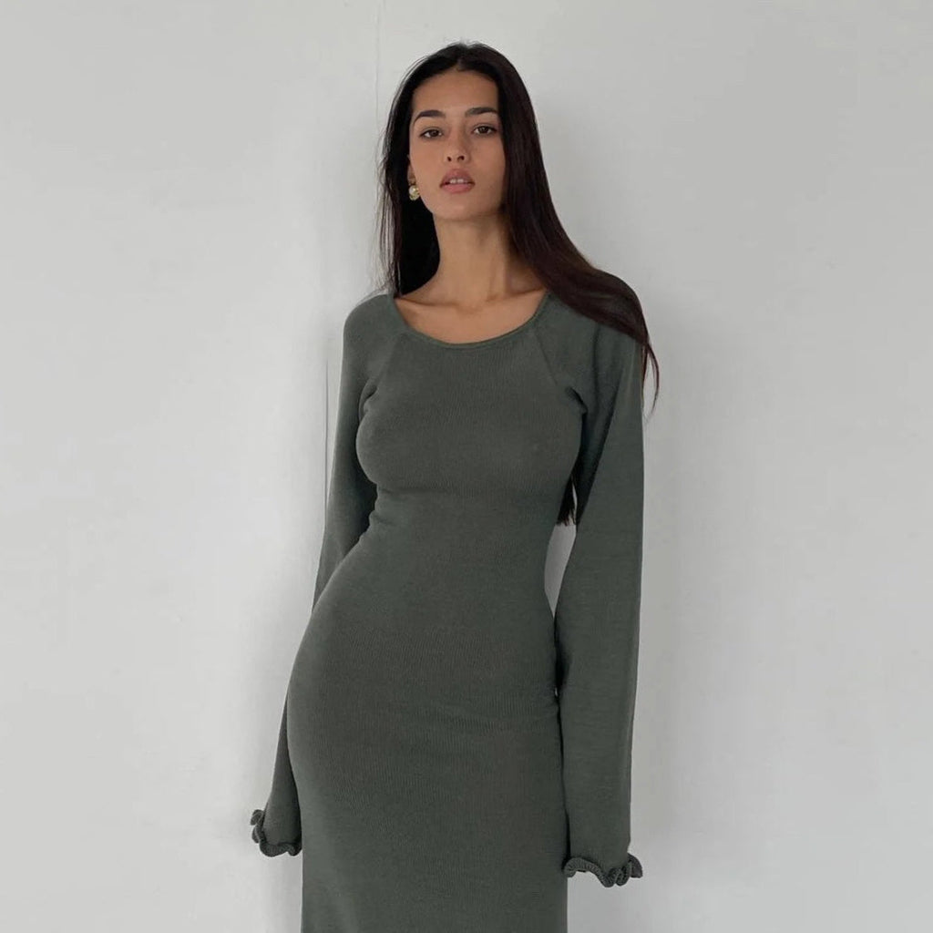 Vanilla Kiss Green Cloud-Knit Open Back Maxi Dress