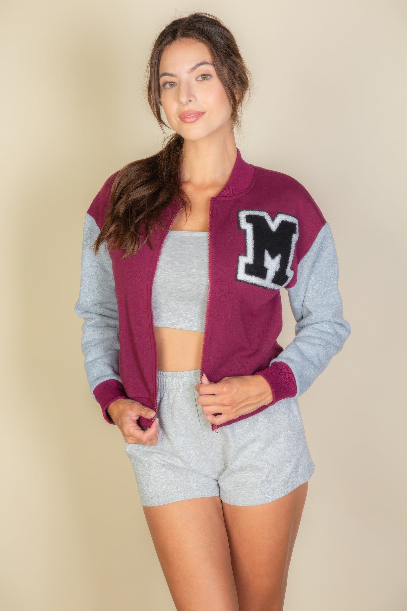 Letter Patched Striped Trim Varsity Jacket See size chart under “more details”
