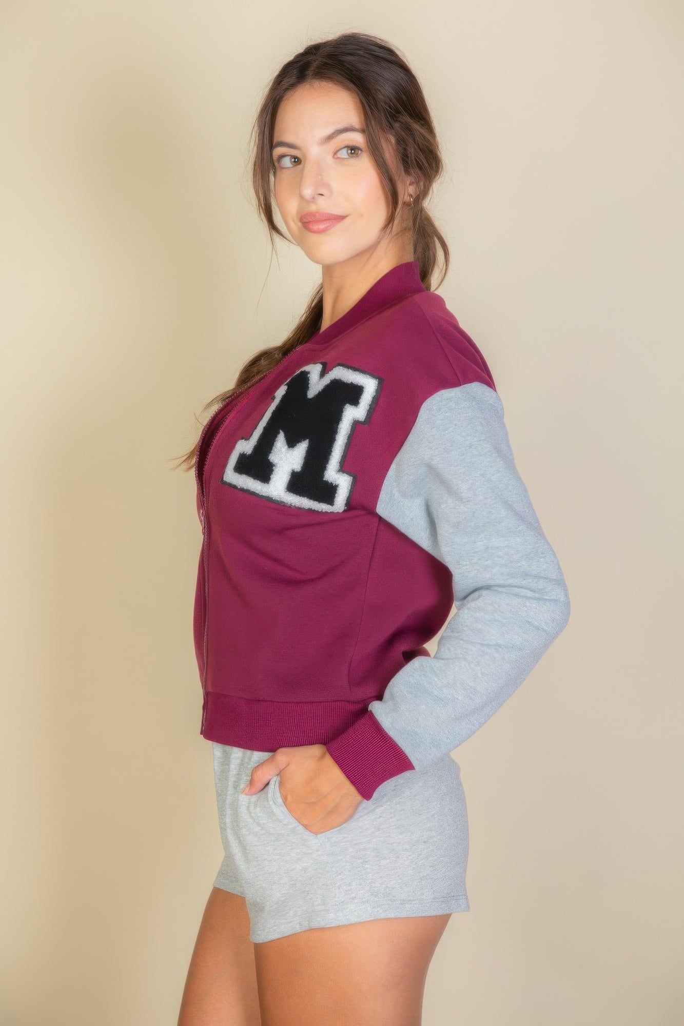 Letter Patched Striped Trim Varsity Jacket See size chart under “more details”