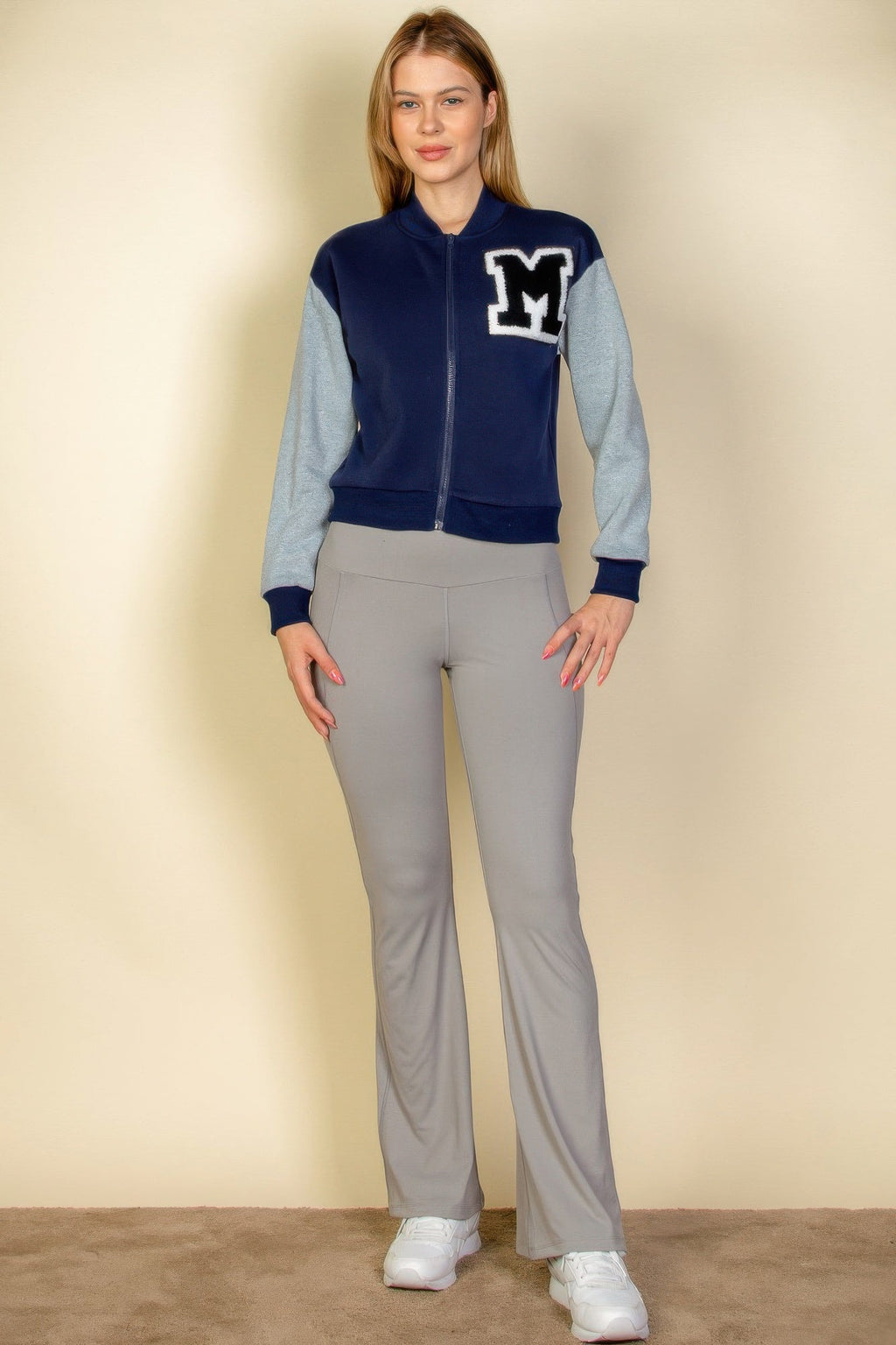 Letter Patched Striped Trim Varsity Jacket See size chart under “more details”