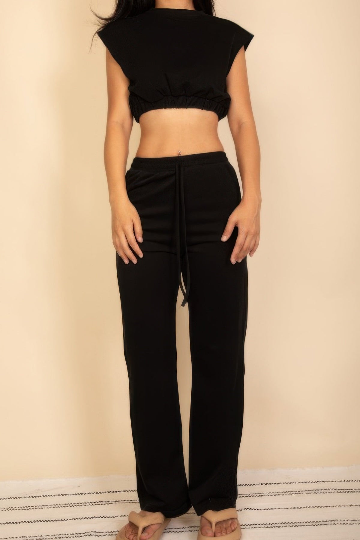 Elastic Hem Crop Top & Wide Leg Pants Set With Faux Drawstring