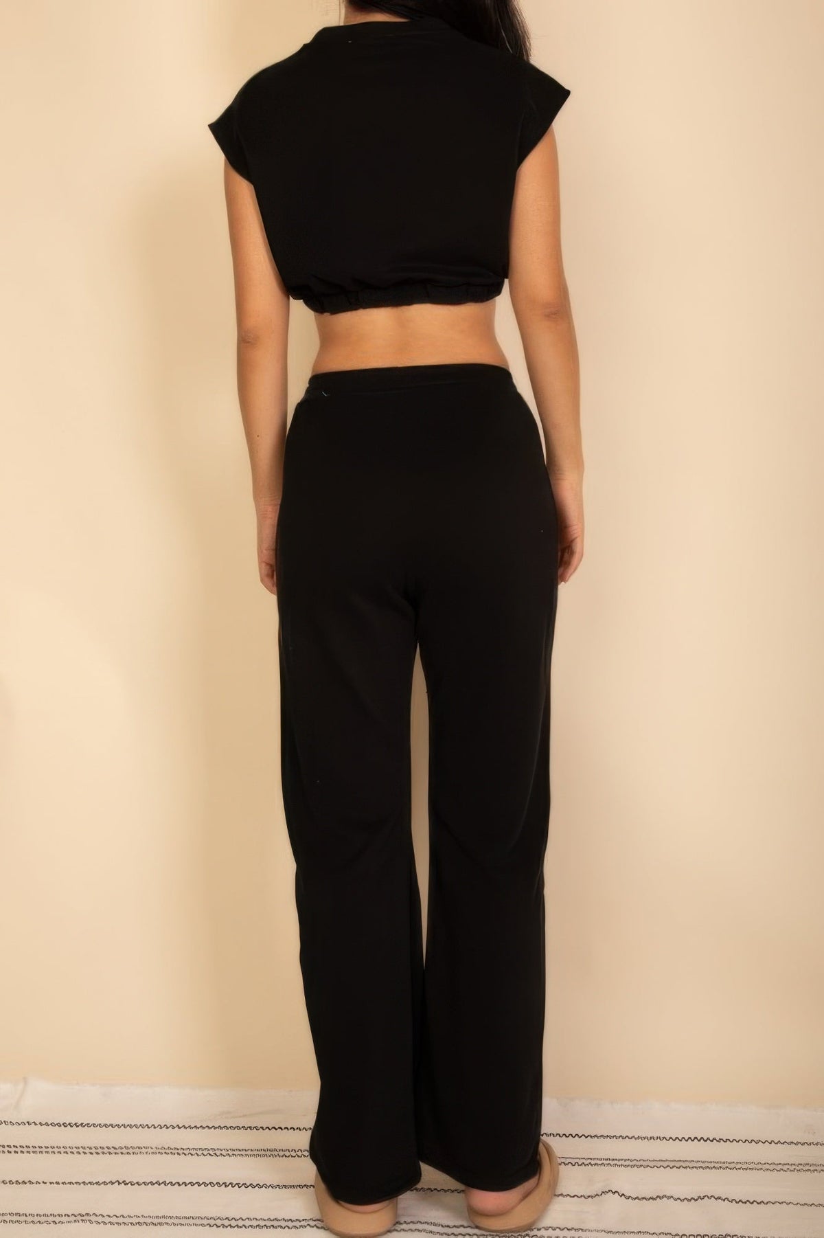 Elastic Hem Crop Top & Wide Leg Pants Set With Faux Drawstring
