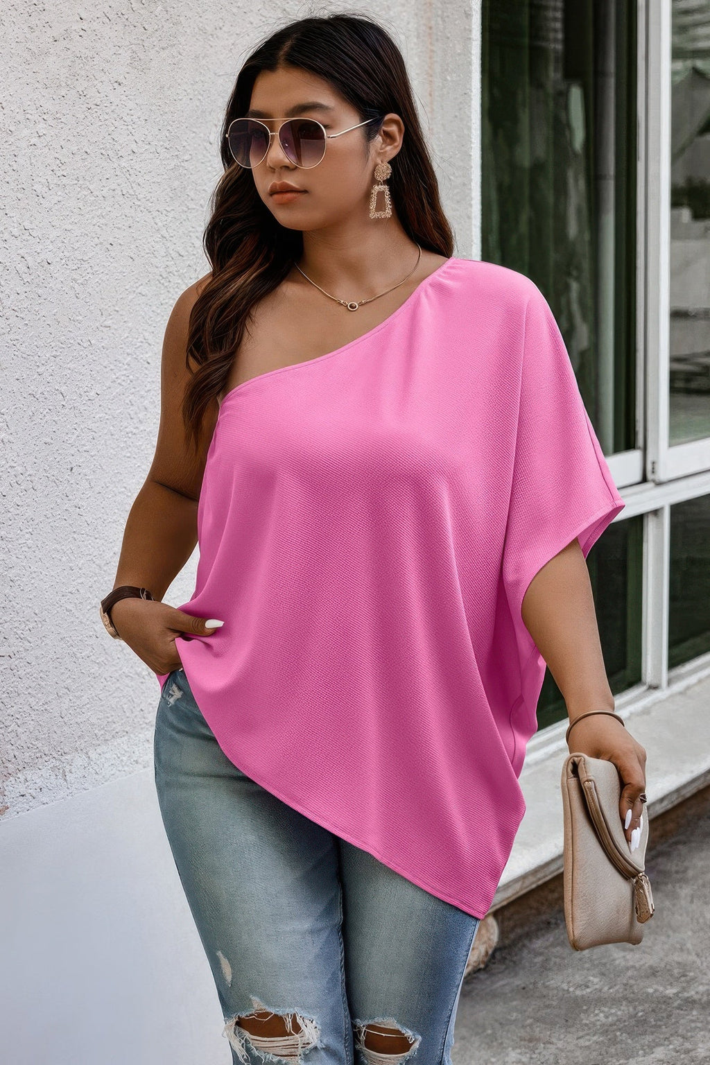 One Shoulder Solid Casual Loose Fit Shirt
