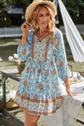 Floral Printed Button Down V Neck Long Sleeve Dress