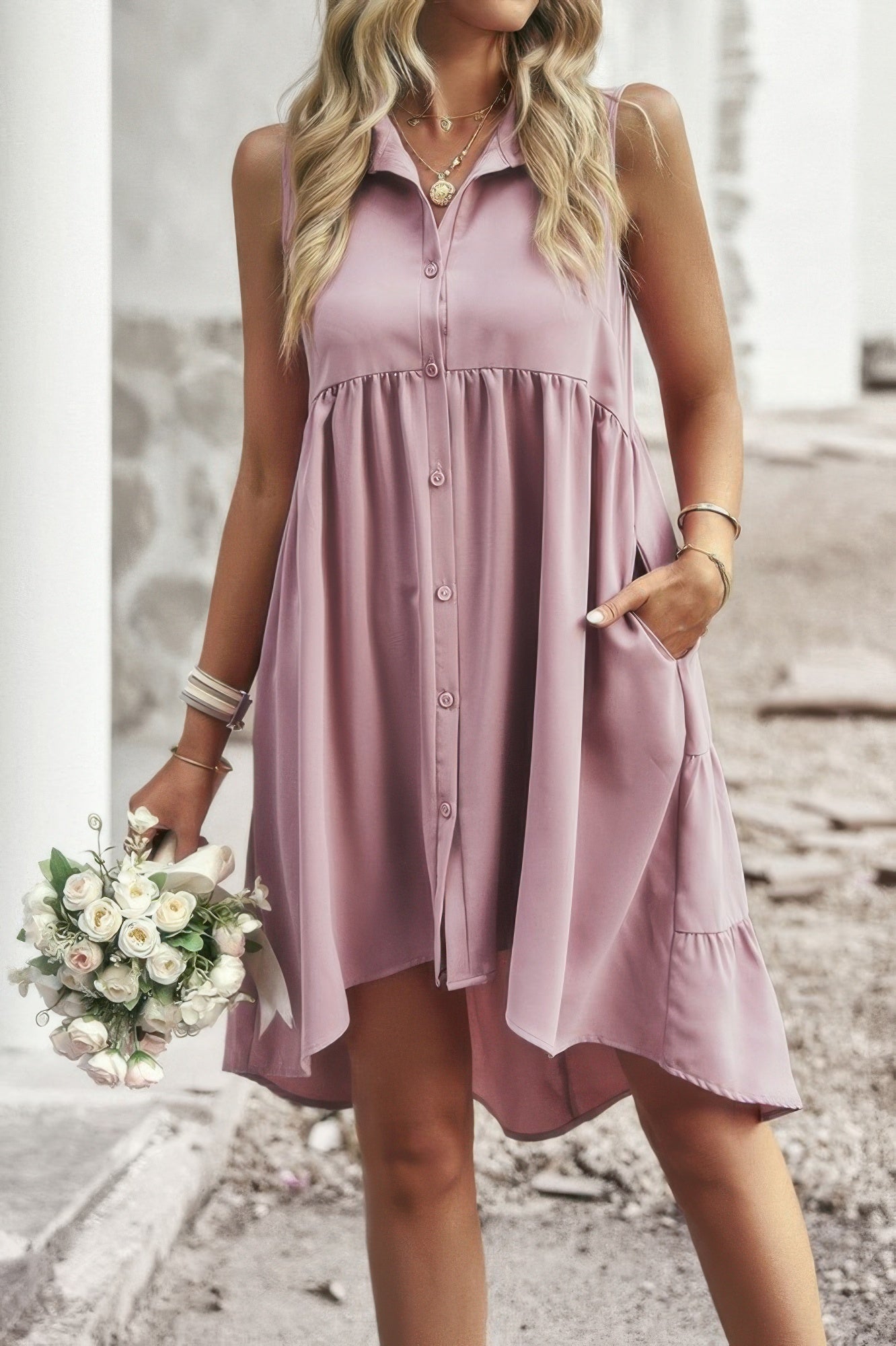 Sleeveless Solid Peplum Shirt Dress See size chart under “more details”