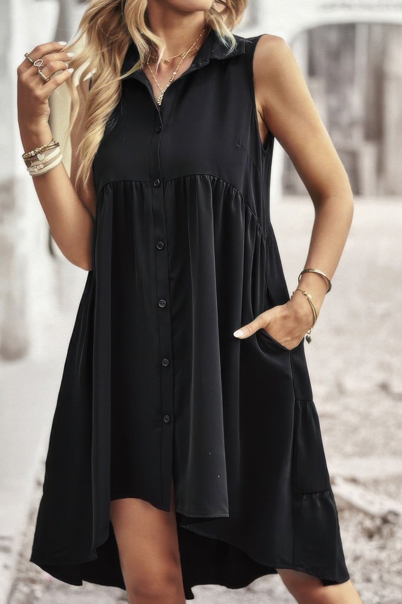 Sleeveless Solid Peplum Shirt Dress See size chart under “more details”