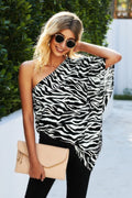 One Shoulder Zebra Print Loose Top See size chart under “more details”
