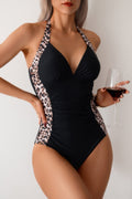 Printed Halter Deep V Neck Bodycon Swimsuit