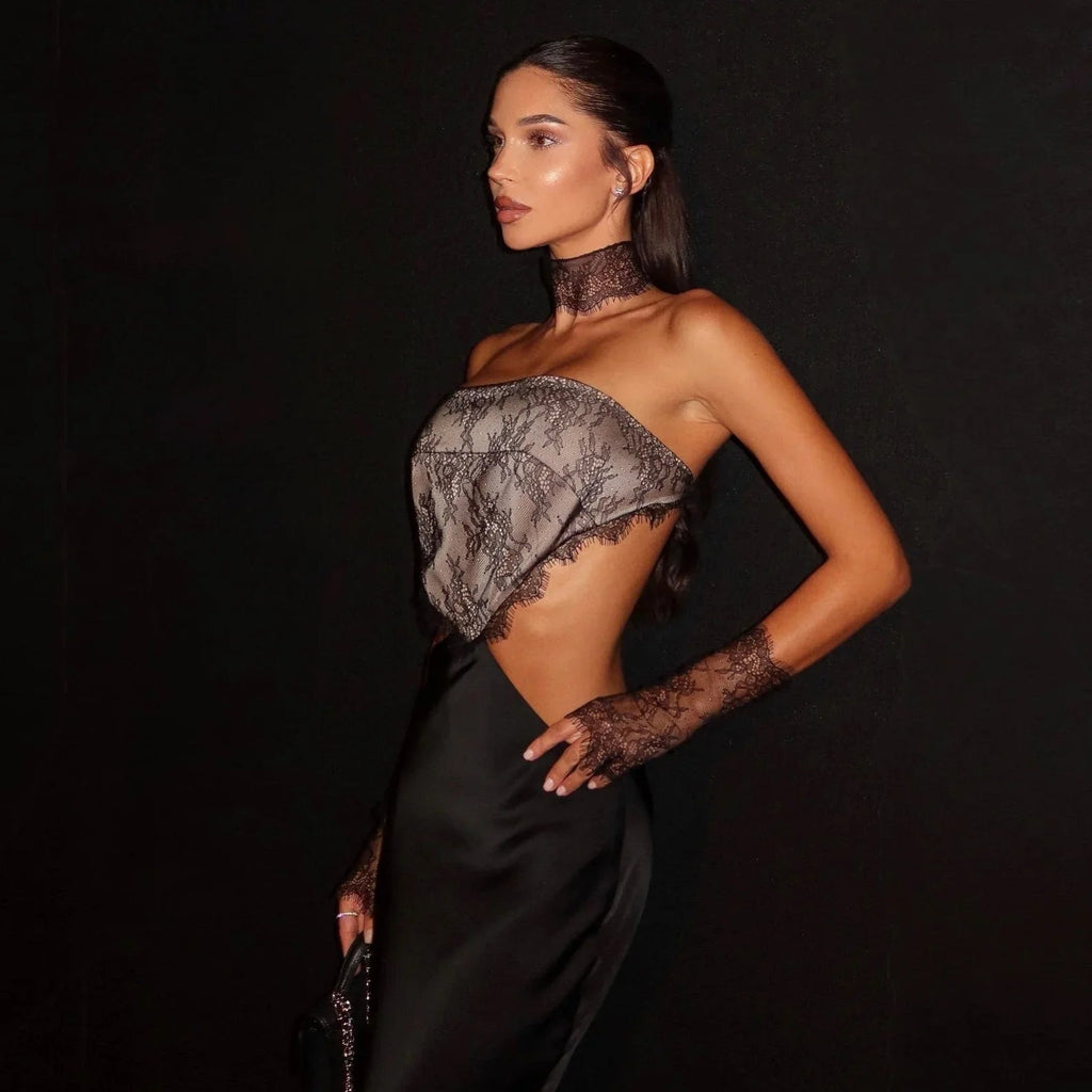 Watch Me Maxi Dress With Lace Choker And Statement Gloves
