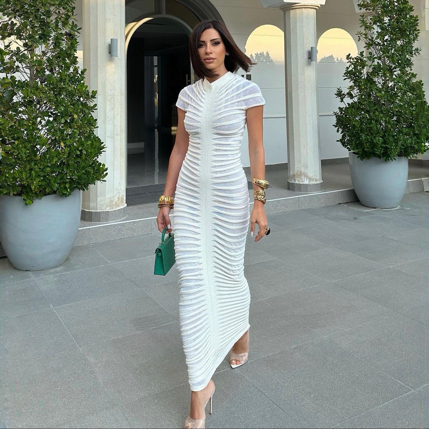 Wild Angel Short Sleeve Stripe White Knitted Midi Dress