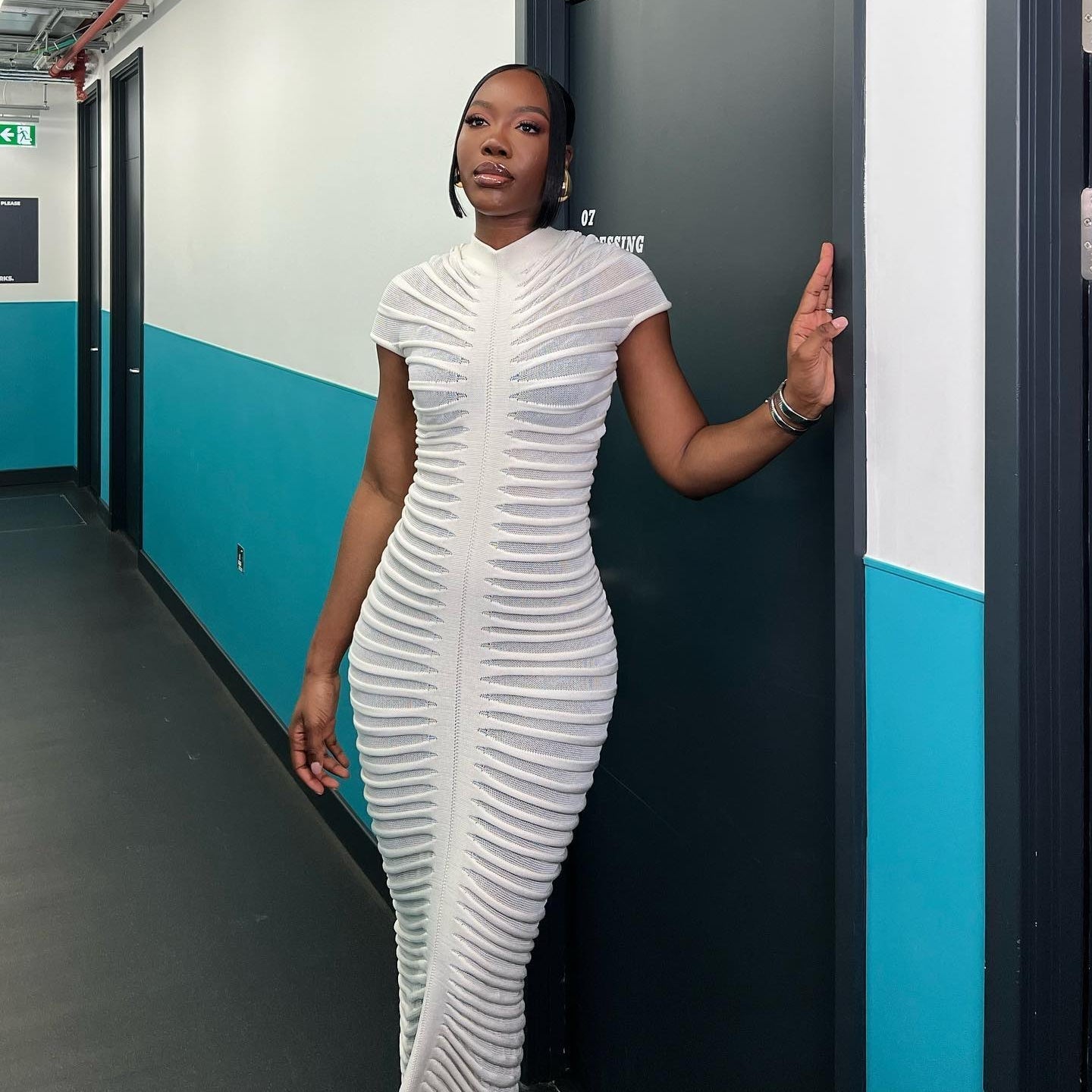 Wild Angel Short Sleeve Stripe White Knitted Midi Dress