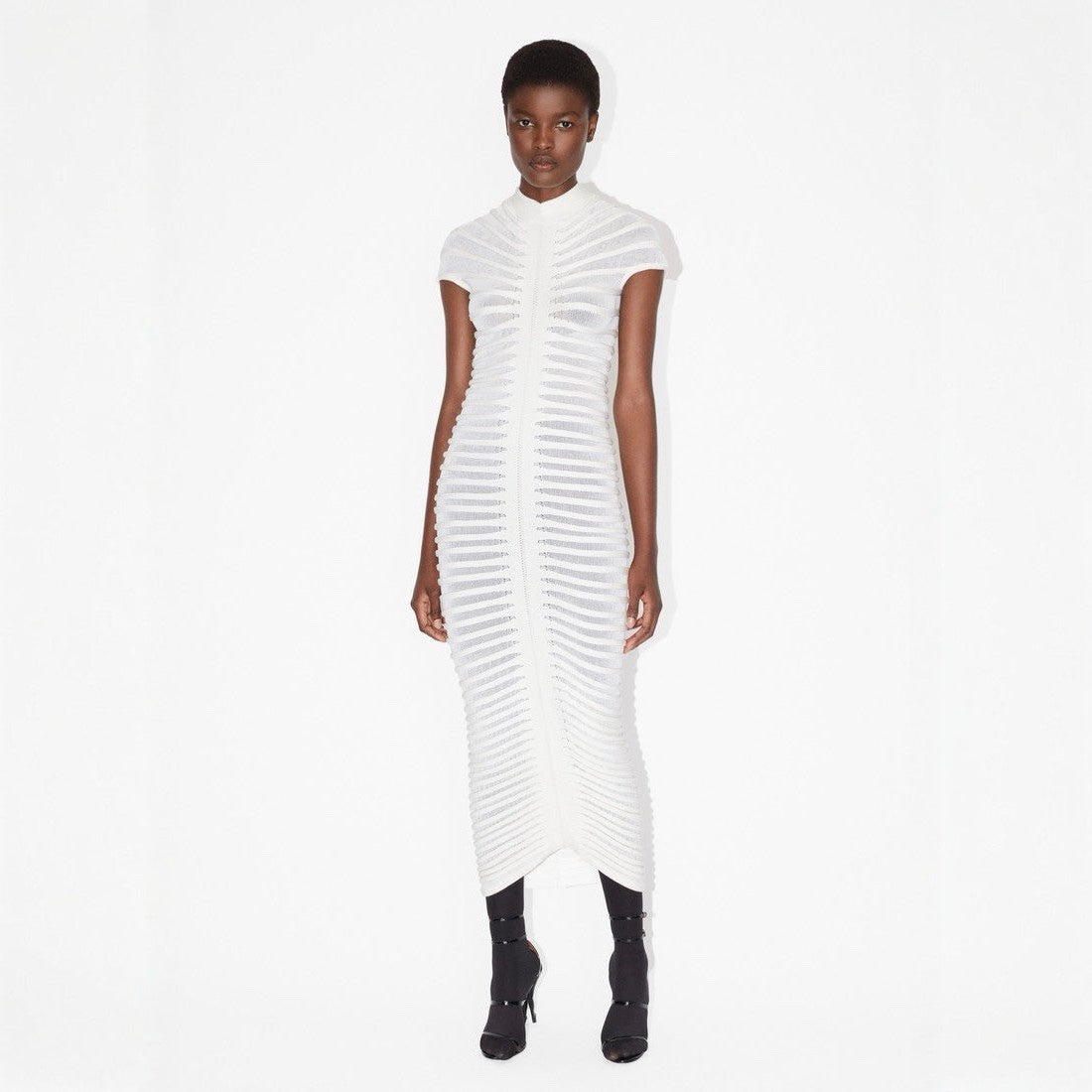 Wild Angel Short Sleeve Stripe White Knitted Midi Dress