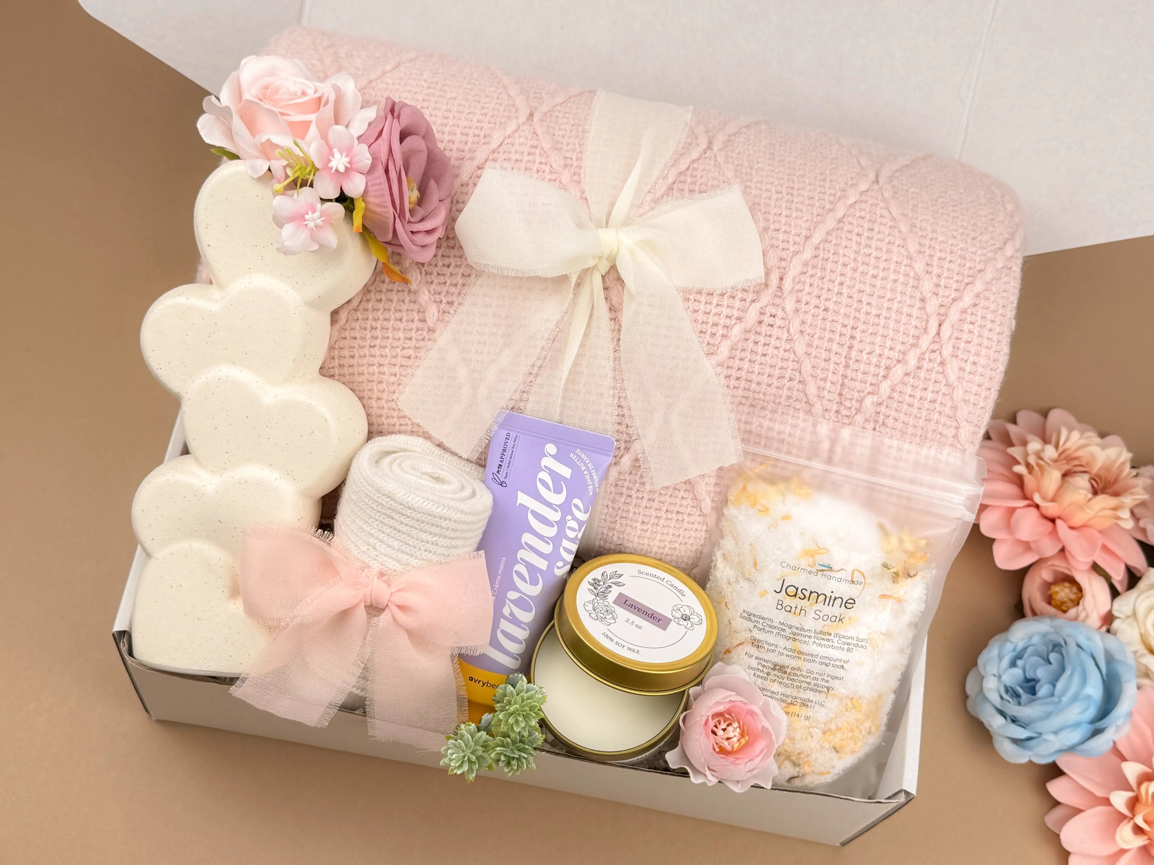 Women's Gift Basket Self Care Kit - Throw Blanket, Heart Vase, Candle & Spa Set