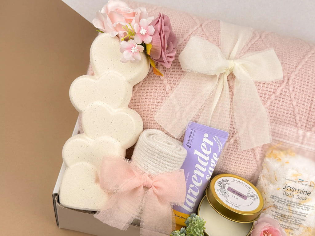 Women's Gift Basket Self Care Kit - Throw Blanket, Heart Vase, Candle & Spa Set