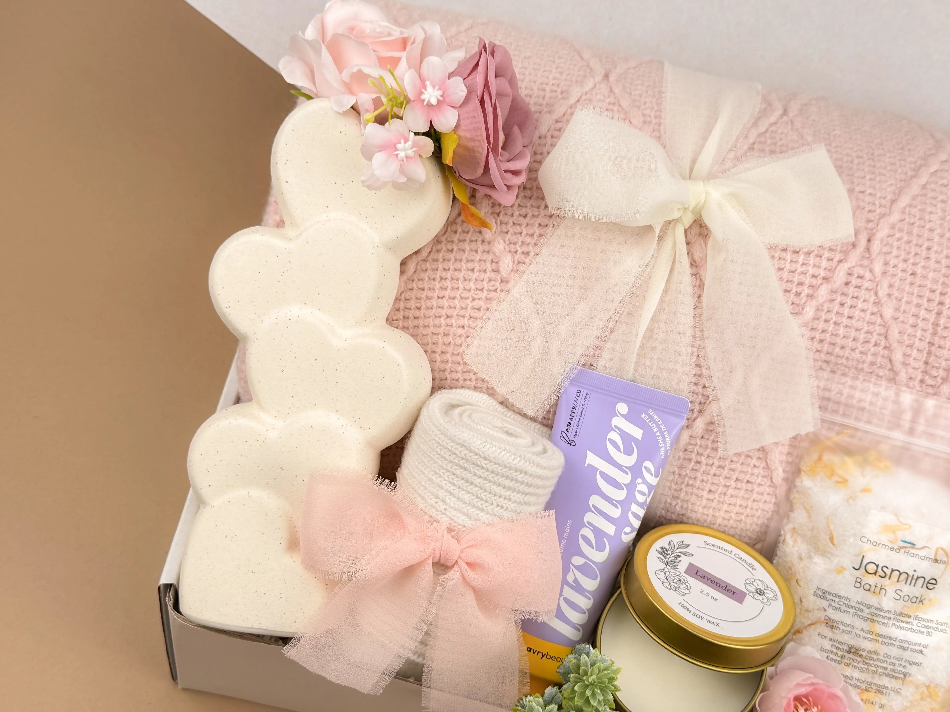 Women's Gift Basket Self Care Kit - Throw Blanket, Heart Vase, Candle & Spa Set
