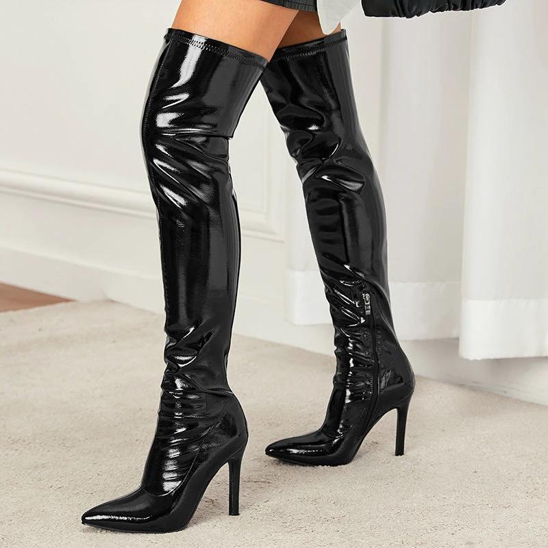 Women's High Heel Soft Patent Leather Inside Zipper Over The Knee Boots
