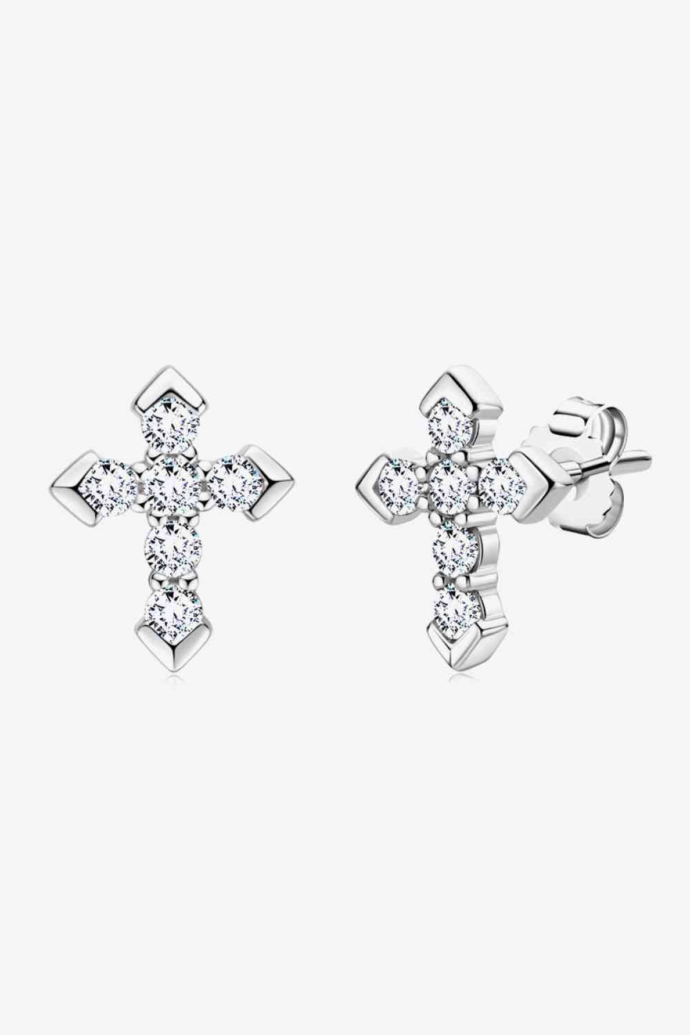 Moissanite Elegance Cross Stud Earrings – Minimalist Design in Platinum-Plated Silver See size chart under “more details”