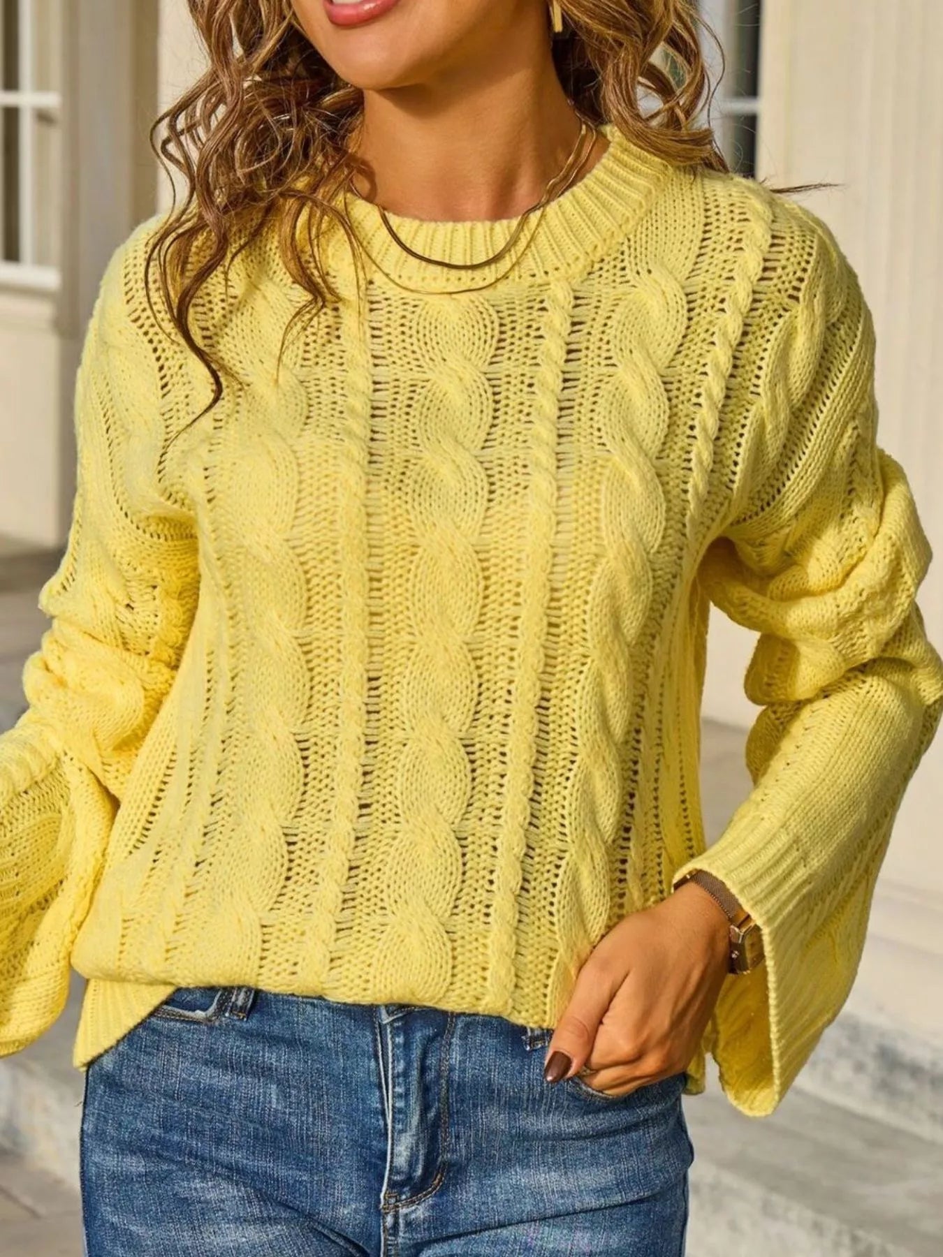 Women's White Cable Knit Long Sleeve Openwork Sweater