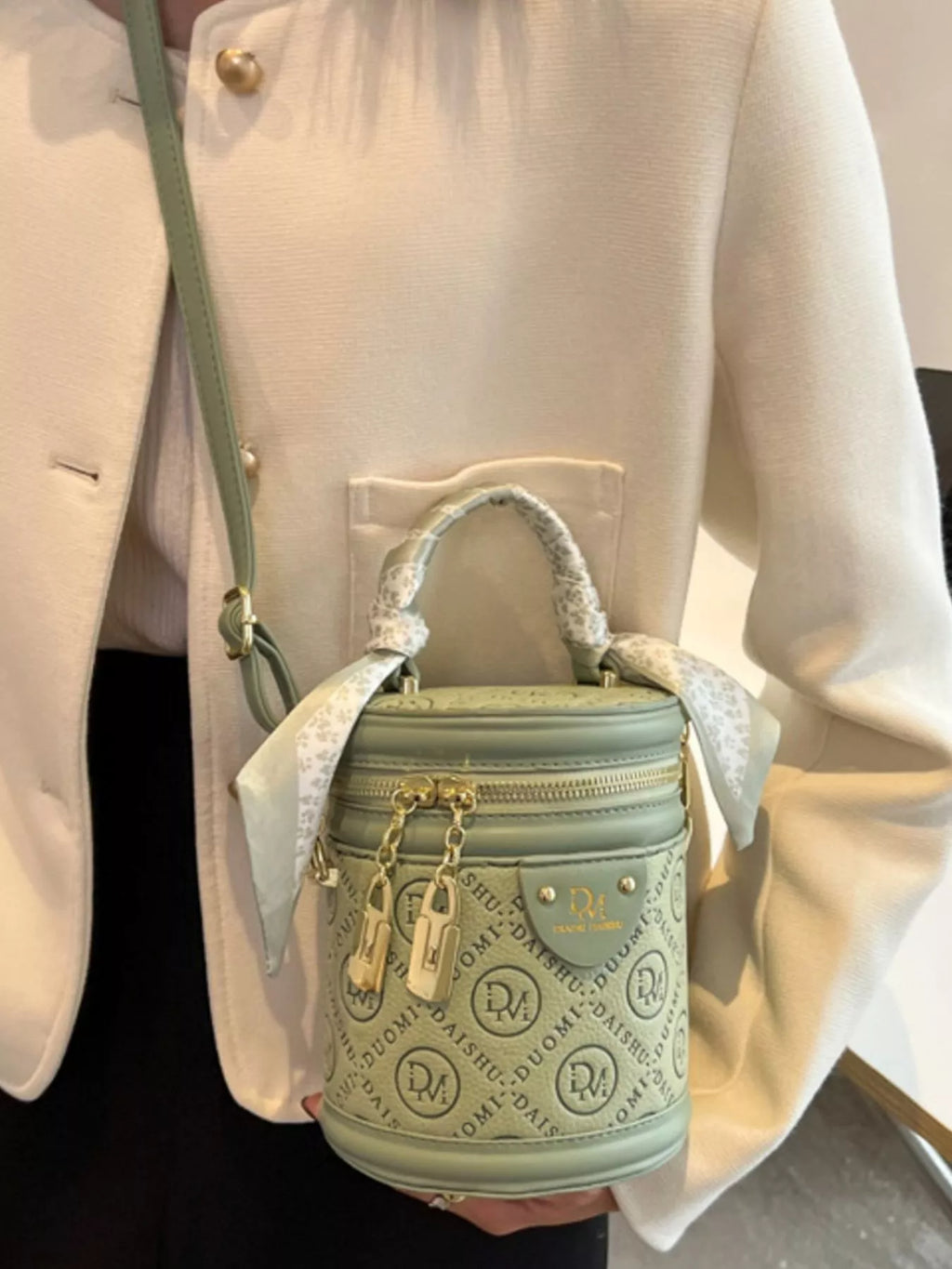 Sage Green Small Bucket Bag with Crossbody Strap and Silk Scarf