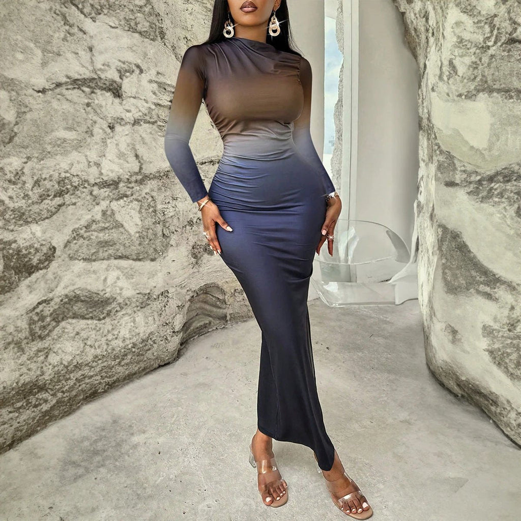 Slim-fit Contrast Colors Blooming Mid-length Sheath Long Sleeve Dress