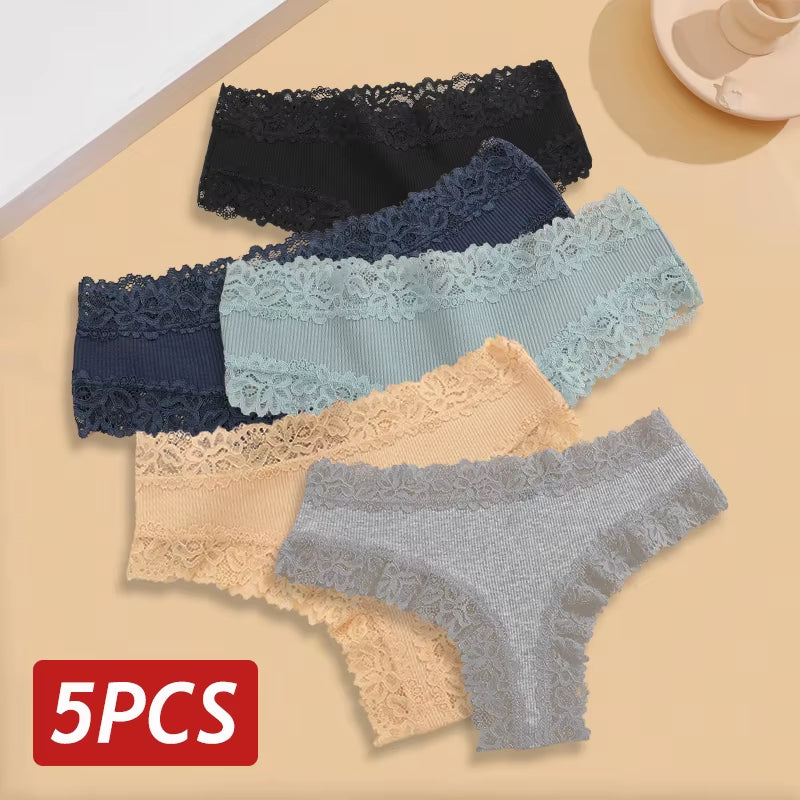 5Pcs/Set Women Lace Seamless Cotton Panties Sexy Brazilian Pants Ribbed Breathable Girls Underwear Soft plus Size Lingerie S-XL