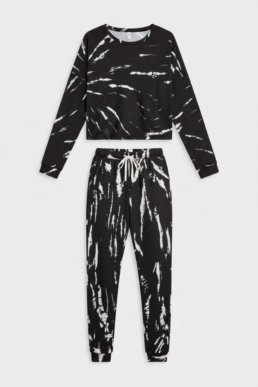 Black Marble Print Long-Sleeve Tee & Jogger Lounge Wear