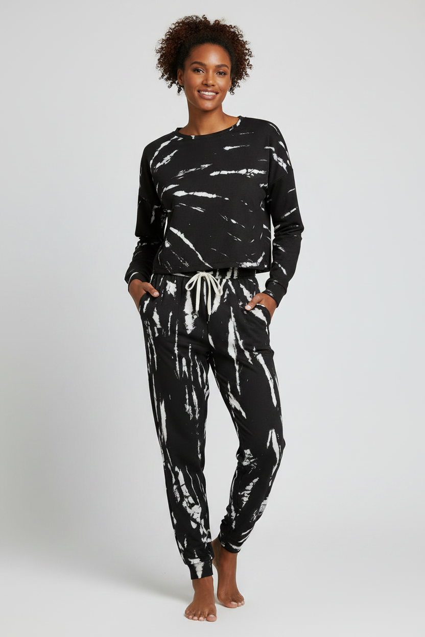 Black Marble Print Long-Sleeve Tee & Jogger Lounge Wear