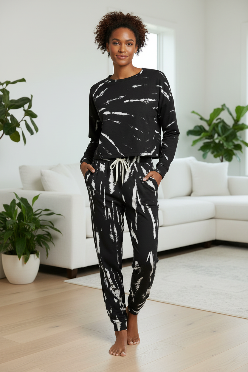 Black Marble Print Long-Sleeve Tee & Jogger Lounge Wear