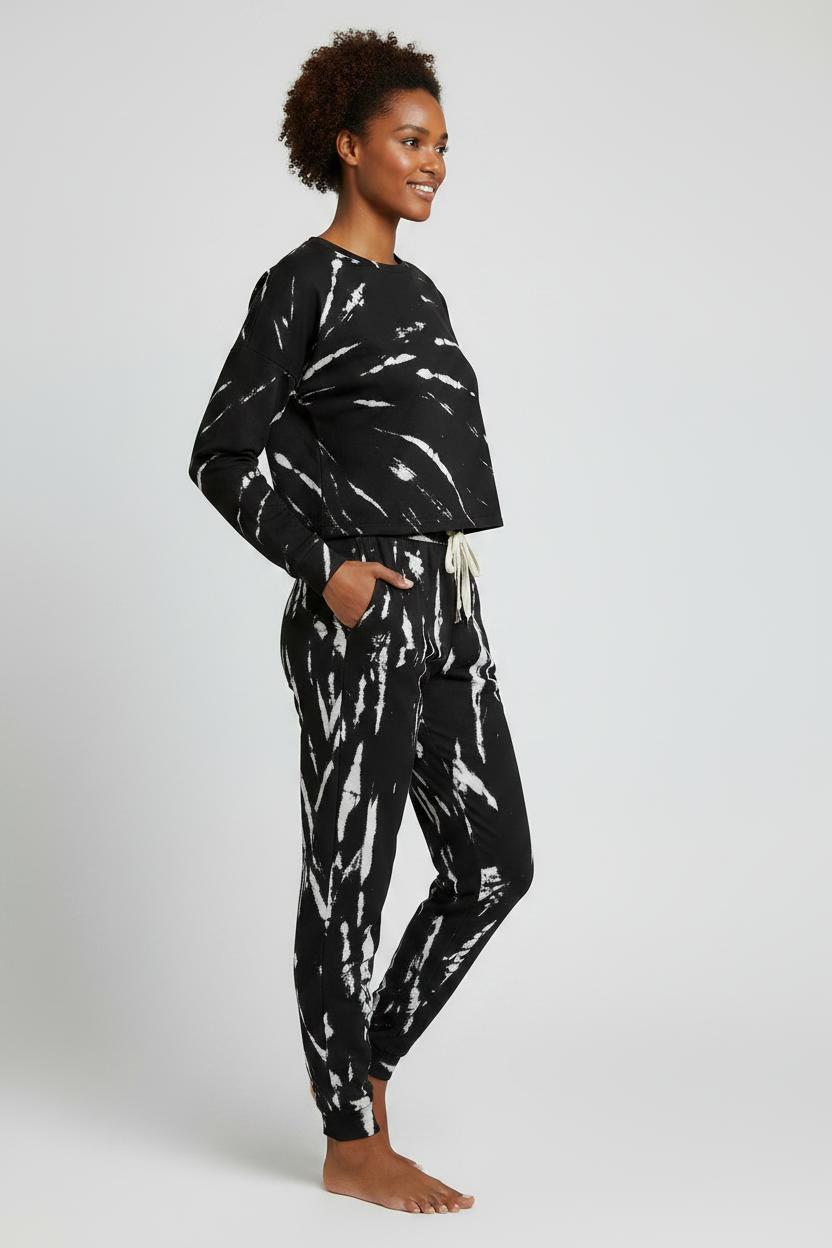 Black Marble Print Long-Sleeve Tee & Jogger Lounge Wear