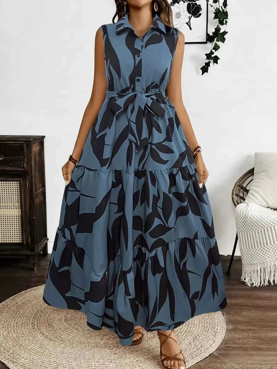 Printed Maxi Dress with Tie Waist - Sleeveless Elegance