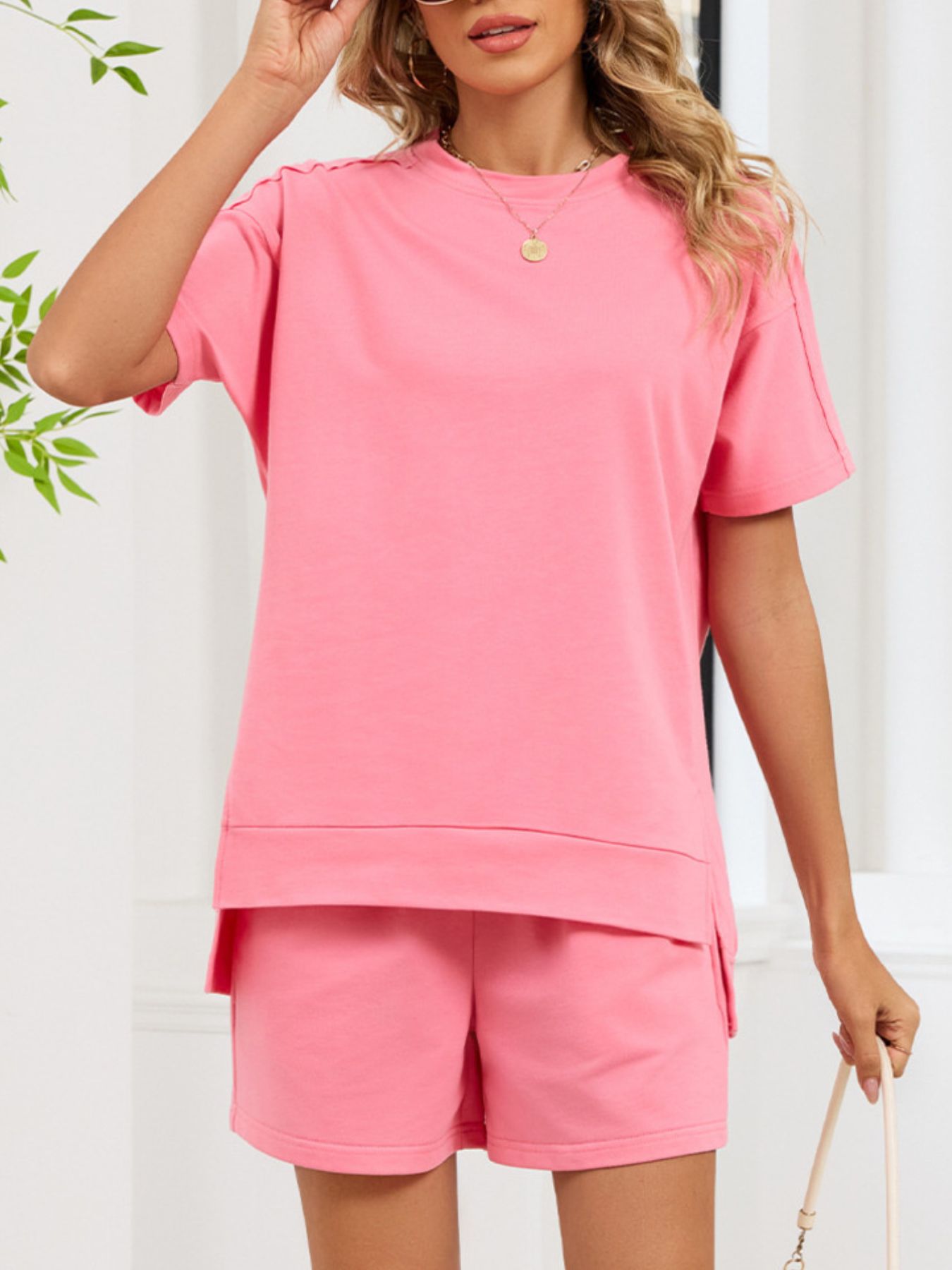 Women's Round Neck Short Sleeve T-Shirt and Shorts Lounge Set